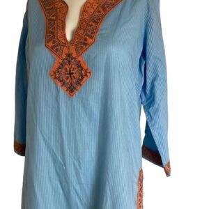 Gretchen Scott Designs Relaxed Blue and Orange Embellished Tunic